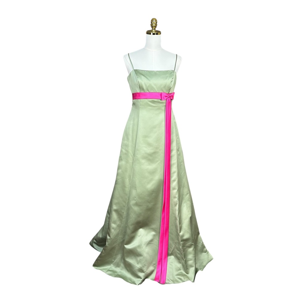 Y2K Alfred Angelo‎ Celadon Green Fuchsia Pink Satin Bow Formal Gown Dress 10